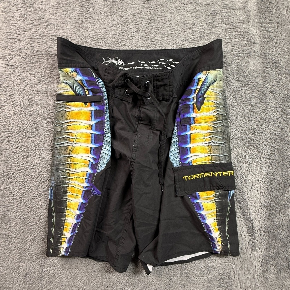 Tormenter Mens 32 Board Shorts Surf Swim Trunks Black Fish Print Drawstring